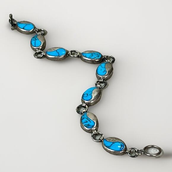 VTG Taxco Sterling Silver Turquoise Inlay Linked Oval Bracelet 7.75” Toggle - Picture 10 of 15